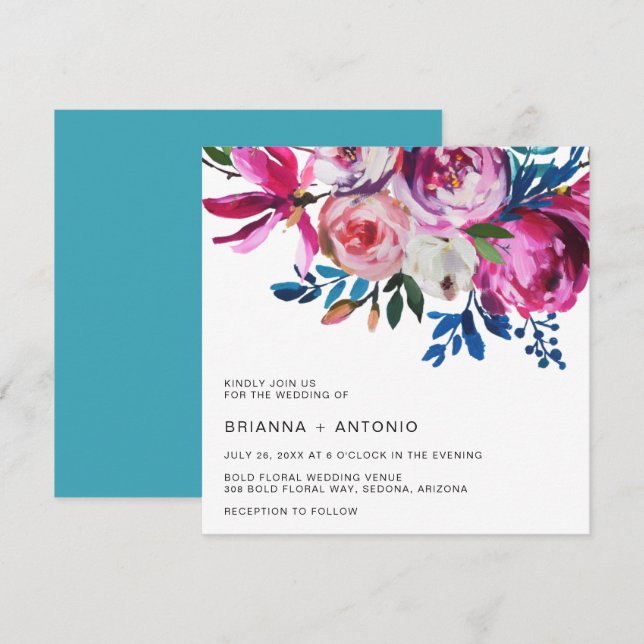 Elegante rosa florale Moderne Hochzeit Einladung (Vorne/Hinten)