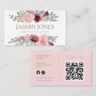 Elegante rosa florale QR-Code-Fotografie Visitenkarte
