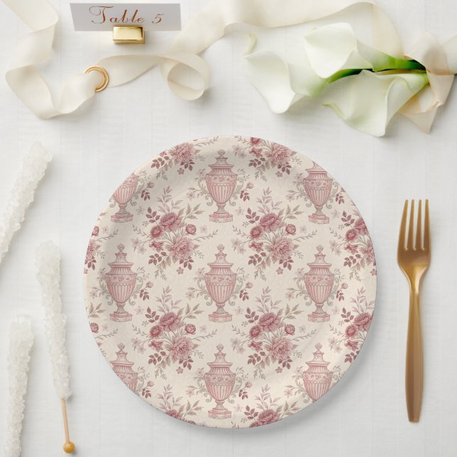 Elegante rosa florale verspielte Vasen Pappteller (Hochzeit)