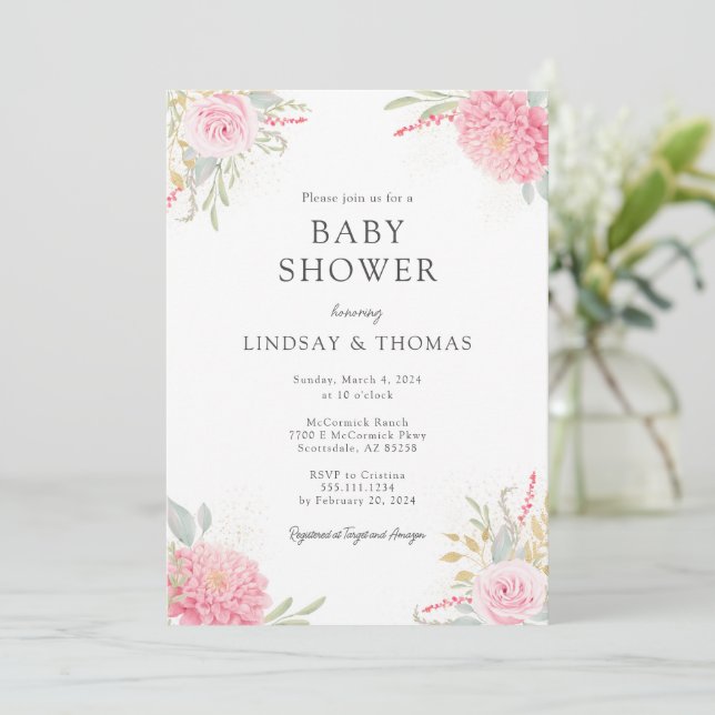Elegante Rosa Florals Baby Dusche Einladung (Stehend Vorderseite)
