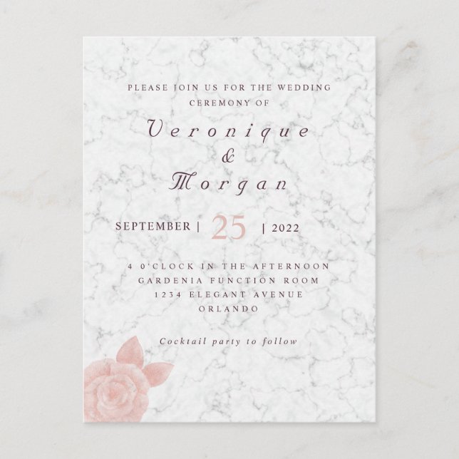 Elegante Rosa-Folie Marmor Einladung zur Hochzeit Postkarte (Vorderseite)