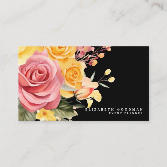 Elegante rosa gelbe schwarze, florale Visitenkarte (Vorderseite)