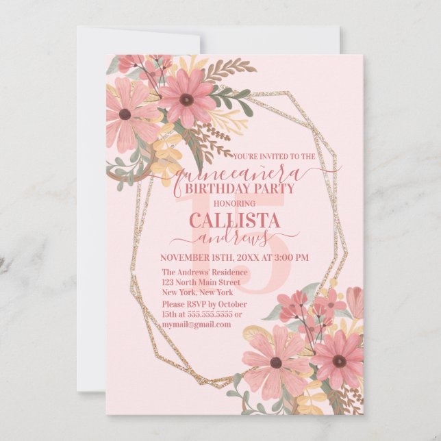 Elegante rosa gestrichene Blume Glitzer Quinceañer Einladung (Vorderseite)