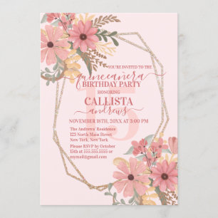 Elegante rosa gestrichene Blume Glitzer Quinceañer Einladung