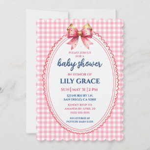 Elegante rosa Gingham & Schleife Baby Shower Einla Einladung