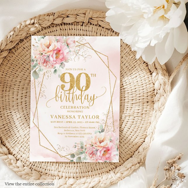 Elegante Rosa Glitzer Blume 90. Einladung (Elegant Blush Pink Gold Glitter Flowers 90th Invite)