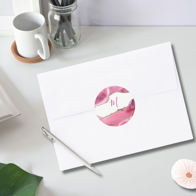 Elegante Rosa & Gold Agate Stone Wedding Classic Runder Aufkleber (Von Creator hochgeladen)