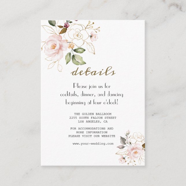 Elegante Rosa Gold Blume Hochzeitdetails Begleitkarte (Vorderseite)