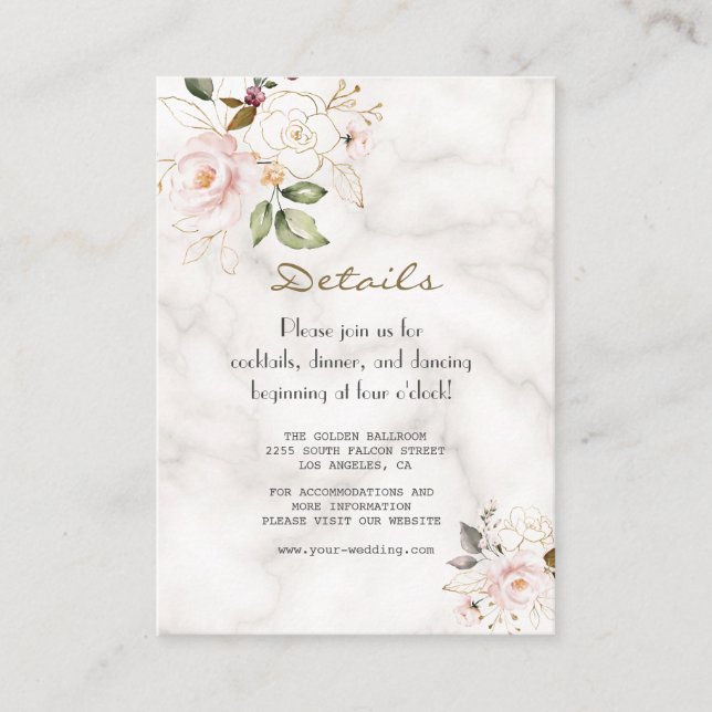 Elegante Rosa Gold Blume Marmorhochzeit Details Begleitkarte (Vorderseite)