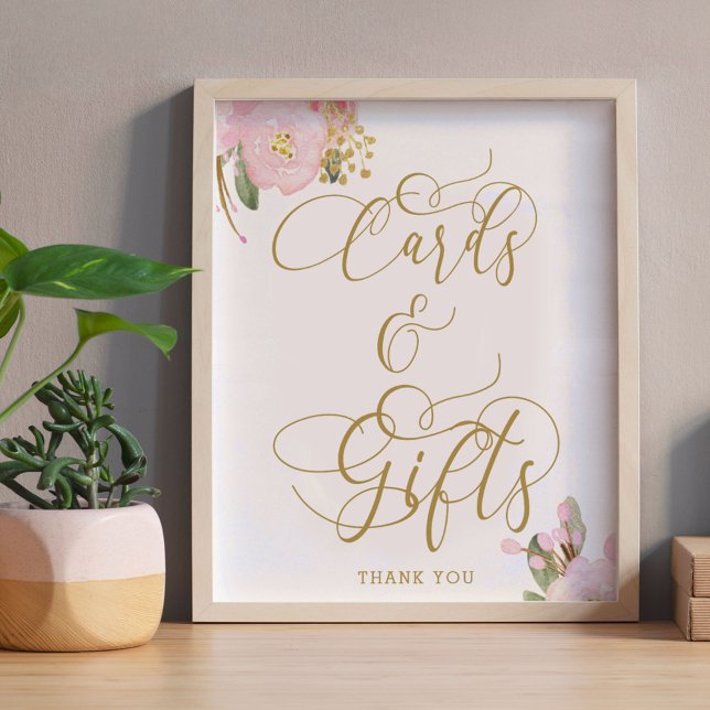 Elegante Rosa Gold Cards und Gifts Zeichen Poster (Cards & Gifts Table Sign from my Pink and Gold Watercolor Floral Collection)