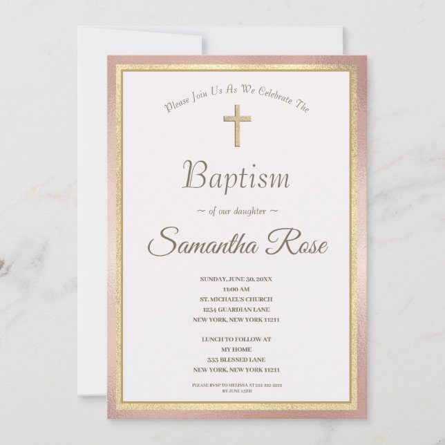 Elegante Rosa Gold Cross Baby Taufe Einladung (Vorderseite)