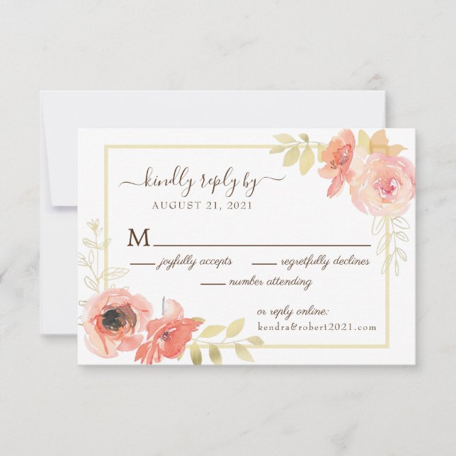 Elegante Rosa & Gold Floral Antwort Online Hochzei (Vorderseite)