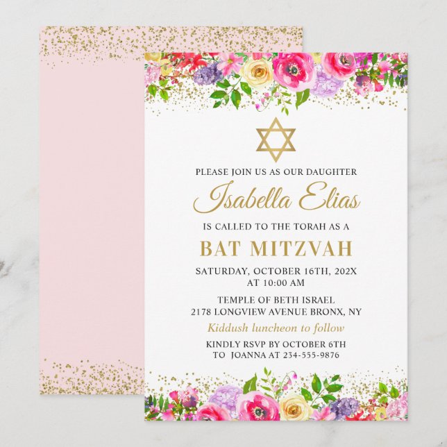 Elegante rosa Gold Floral Bat Mitzvah Einladung (Vorne/Hinten)