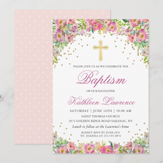 Elegante Rosa Gold Floral Girl Taufe Einladung (Vorne/Hinten)