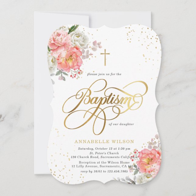Elegante Rosa & Gold Floral Girl Taufe Einladung (Vorderseite)