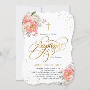 Elegante Rosa & Gold Floral Girl Taufe Einladung