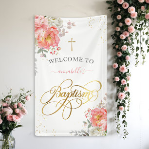 Elegante Rosa & Gold Floral Girl Taufe Willkommen Banner
