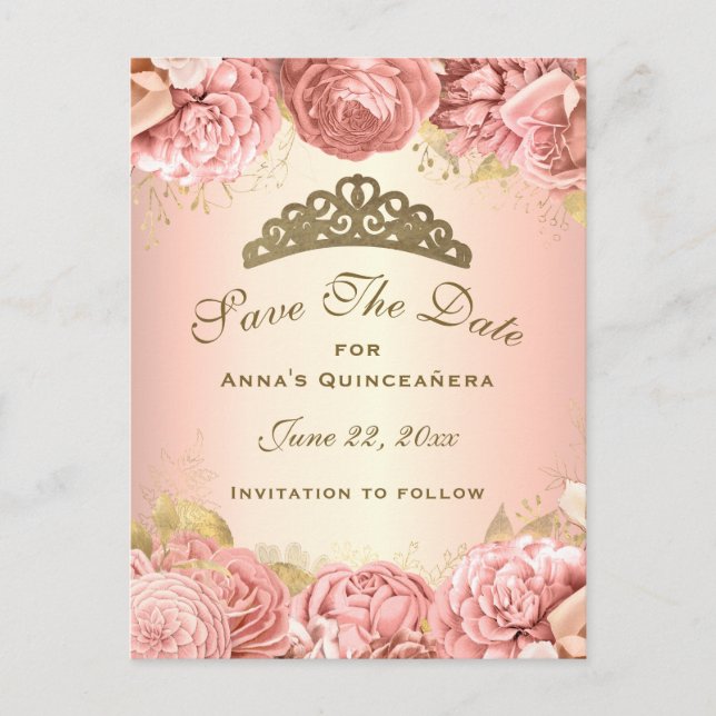Elegante Rosa Gold Floral Quinceanera Save the Dat Postkarte (Vorderseite)