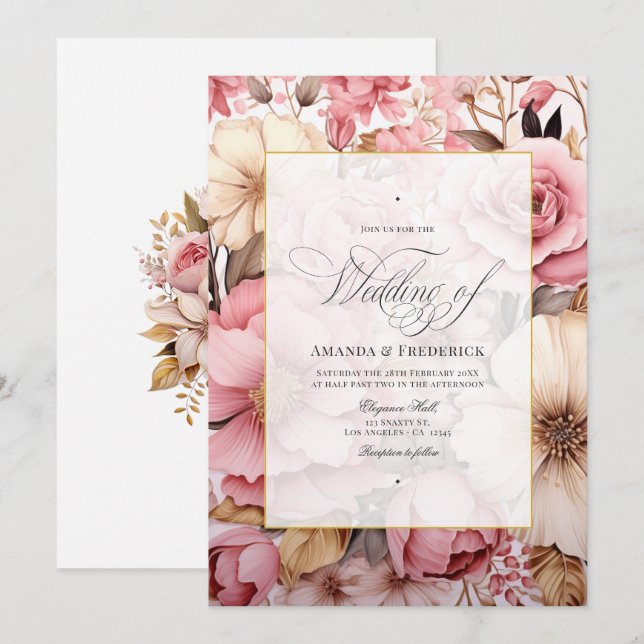 Elegante Rosa Gold Floral Wedding Einladung (Vorne/Hinten)