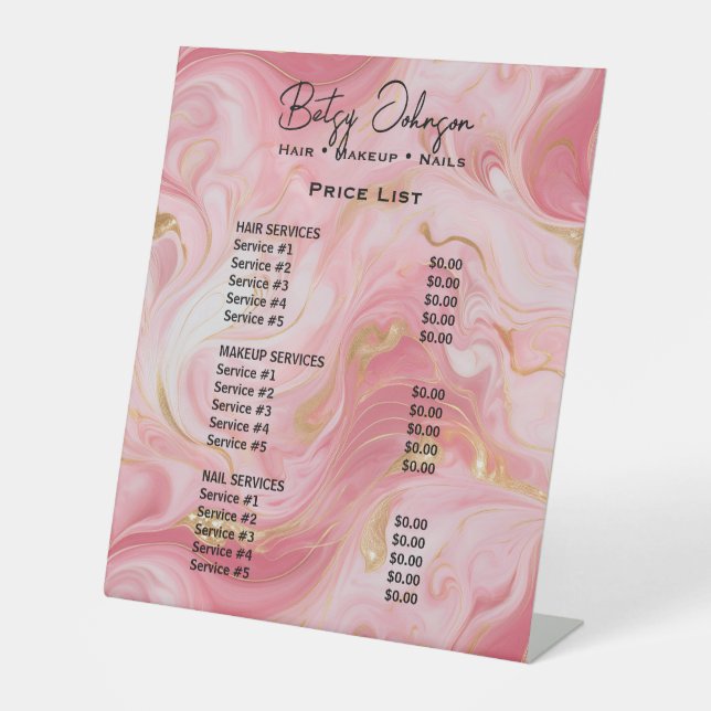 Elegante Rosa & Gold Marmor Schönheitssalon Preisl Sockelschild (Vorderseite)
