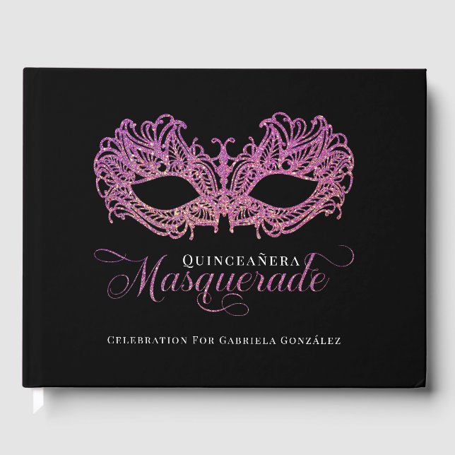 Elegante Rosa & Gold Masquerade Quinceanera Gästebuch (Vorderseite)