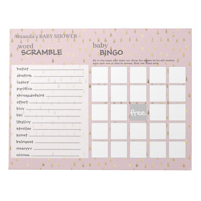 Elegante Rosa & Gold Raindrops Baby Shower Games Notizblock (Vorderseite)
