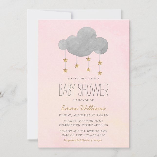 Elegante Rosa Gold Stars Girl Baby Dusche Einladung (Vorderseite)