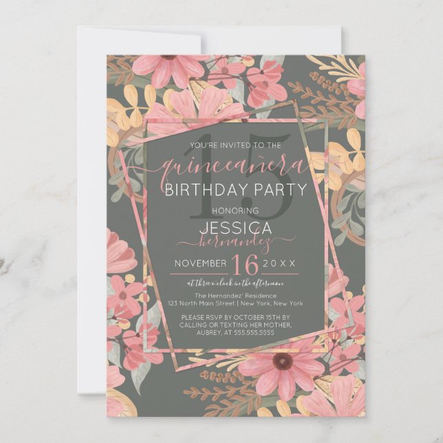 Elegante Rosa Goldene Blume Leaf Quinceañera Einladung (Vorderseite)