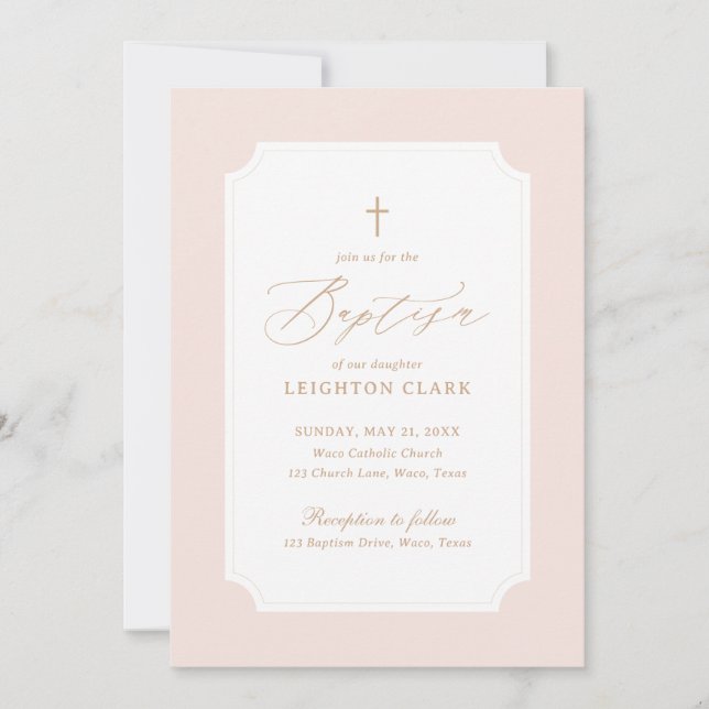 Elegante rosa Goldkreuz Taufe Einladung (Vorderseite)