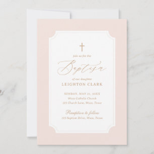 Elegante rosa Goldkreuz Taufe Einladung