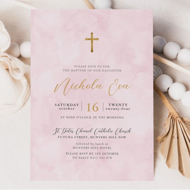 Elegante Rosa Goldkreuz Taufe Einladung (Pink Watercolour Baptism Invitation)