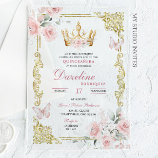 Elegante Rosa Goldkrone Quinceanera Acryleinladungen
