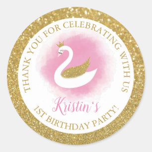 Elegante rosa Goldschwan-Prinzessin Girl Birthday Runder Aufkleber