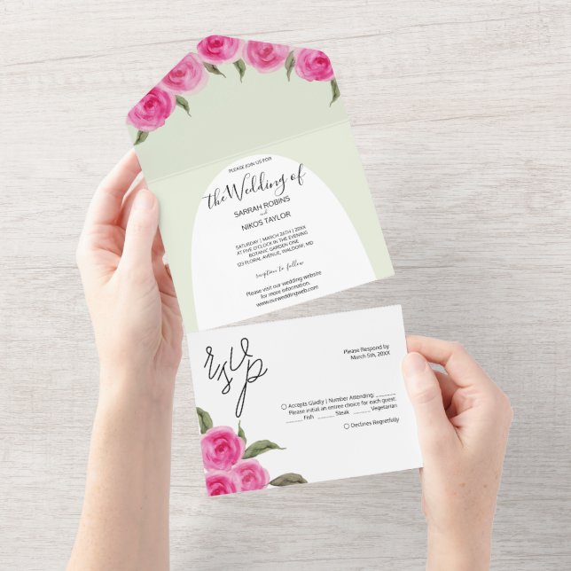Elegante rosa grüne Rose All In One Einladung (Abreißen)