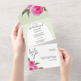 Elegante rosa grüne Rose All In One Einladung