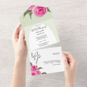 Elegante rosa grüne Rose All In One Einladung
