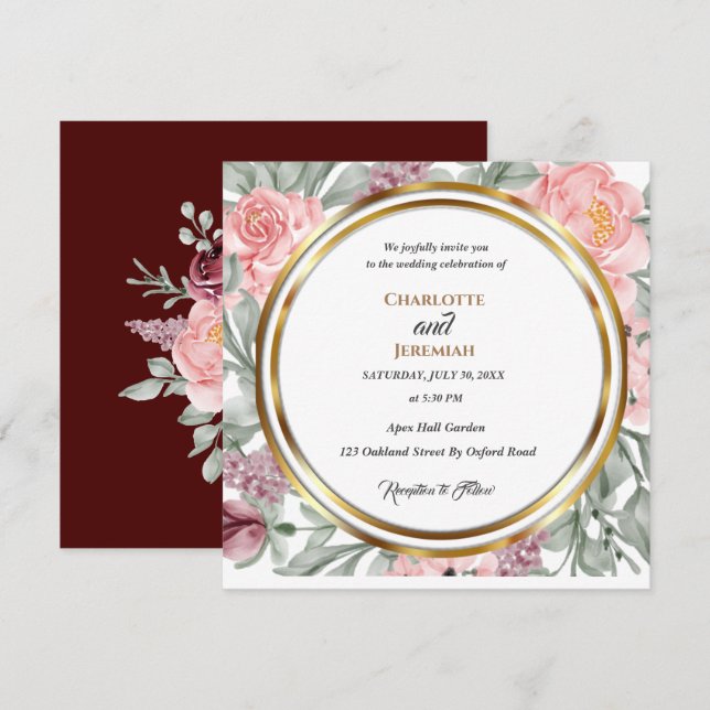 Elegante Rosa-Grünkronenkreis-Hochzeit Einladung (Vorne/Hinten)