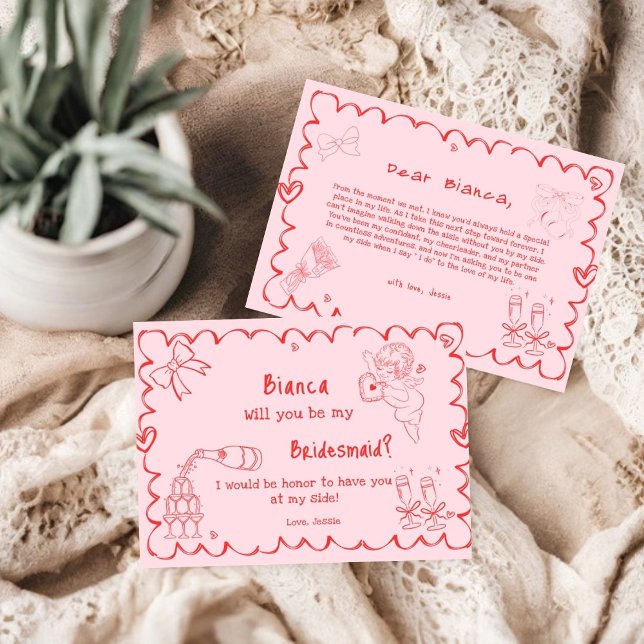 Elegante, rosa Hand gezeichnete Bridesmaid-Vorschl Einladung (Von Creator hochgeladen)