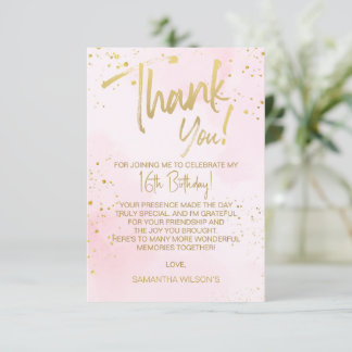 Elegante Rosa-Hauch und Goldene Sweet 16 Dankeskar Dankeskarte