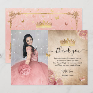 Elegante rosa Hauchrosa Rose und Gold Quinceanera  Dankeskarte