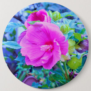 Elegante rosa Hibiskusblüte mit aquafarbenem Laub Button