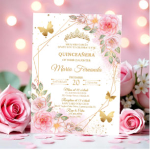 Elegante Rosa-Hochzeit und goldene Quinceañera-Geb Einladung