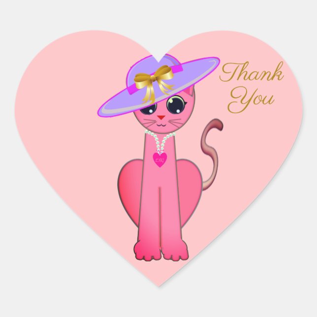Elegante rosa Kätzchenkatze auf Korallenrosa Danke Herz-Aufkleber (Vorderseite)