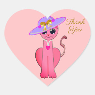 Elegante rosa Kätzchenkatze auf Korallenrosa Danke Herz-Aufkleber