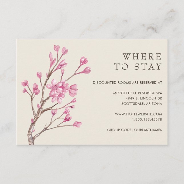Elegante rosa Kirschblossom Hochzeitsunterkünfte Begleitkarte (Vorderseite)