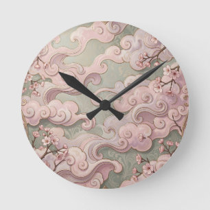 Elegante rosa Kirschblüten Art Nouveau Wirbel Runde Wanduhr