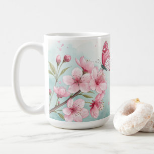 Elegante rosa Kirschblüten Blumen & Schmetterling Kaffeetasse