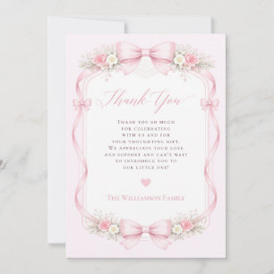 Elegante rosa Kokette Schleife Blumen Baby-Party Dankeskarte