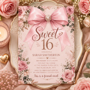 Elegante rosa Kokette-Schleife Sweet 16 Einladung