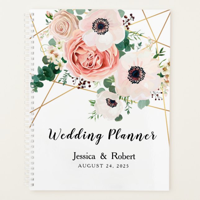Elegante Rosa Korallen Blume Hochzeit personalisie Planer (Vorderseite)